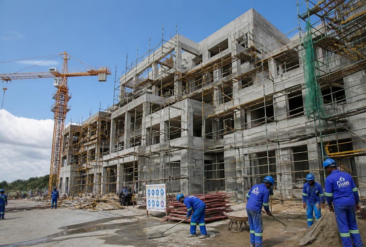 Edifício em construção com andaimes e grua